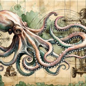 Kraken's Mechanical Grasp |  Steampunk Octopus Watercolor |  Paper and Size Options