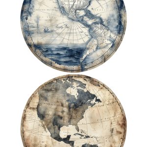 Ancient Explorer Globes - 2 Images 1 Sheet |  Vintage World Hemispheres |  Paper and Size Options