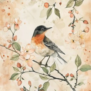 Robin Watercolor |  Sweet Robin Surrounded by Blossoms |  Paper and Size Options