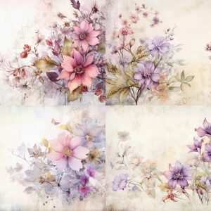 Vintage Floral Elegance - 4 Images 1 Sheet |  Serene Watercolor |  Paper and Size Options