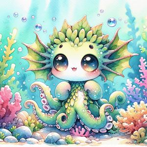 Coral the Kraken |  Underwater Chibi Fantasy Art |  Paper and Size Options