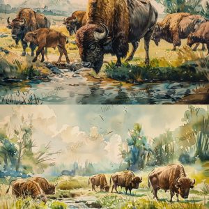 Bison Herd Watercolor - 2 Images 1 Sheet |  Buffalo by a Stream |  Paper and Size Options