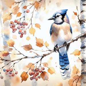 Blue Jay Fall Watercolor |  Blue Jay in a Birch Tree |  Paper and Size Options