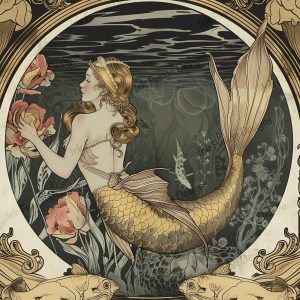 Floral Mermaid Fantasy |  Mermaid with Golden Tail |  Paper and Size Options