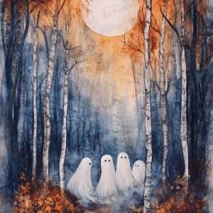 Spooky Friends |  Ghostly friends walking on a moonlit path |  Paper and Size Options