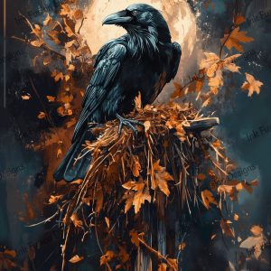 Raven of the Harvest |  Raven crow perched with Fall Leaves |  Multiple Paper and Size Options Available