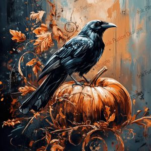 Nocturne the Raven |  Majestic Raven Sitting on Top of a Pumpkin |  Multiple Paper and Size Options