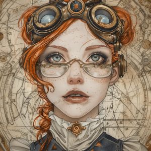 Rietta the Cartographer |  Lovely Red-Haired Steampunk girl |  Multiple Paper and Size Options Available