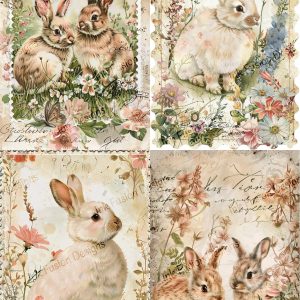 Bunnies and Petals - 4 Images 1 Sheet |  Springtime Flowers and Rabbits |  Paper and Size Options