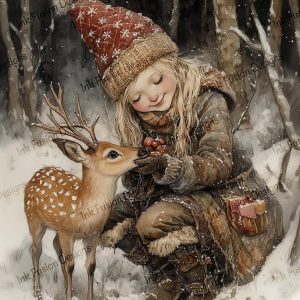Kalina and the Fawn |  Girl and Deer in Snowy Forest |  