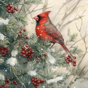 Winter Cardinal |  Red Cardinal Sitting Peacefully on a Snowy Tree Branch |  Multiple Paper and Sizes.