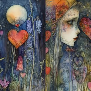 Hearts in the Midnight Garden - 2 Images 1 Sheet | girl dreaming of love | Multiple paper sizes & textures.