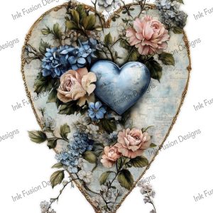 Vintage Heart  Blue Hydrangeas & Pink Roses