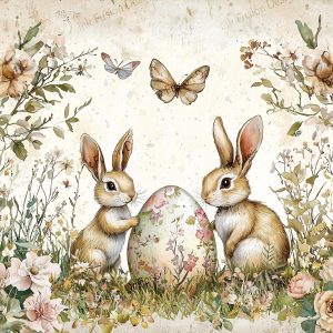 Cottage Garden Bunny Duo Vintage Floral Bunnies