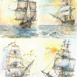 Sailing the Horizon - 4 Images 1 Sheet |  Whimsical Sailing Ships |  Paper and Size Options