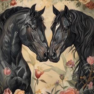 Velvet Horses|  Black Horses Framed by Rosey Flowers |  