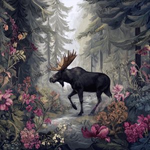 Among Pines and Petals |  Majestic Moose Crossing a Forest Path |  
